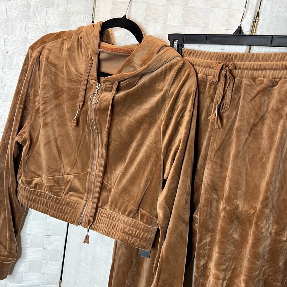 Brown Velour Jogger Set With Crop Hoodie - Picture 7 of 10